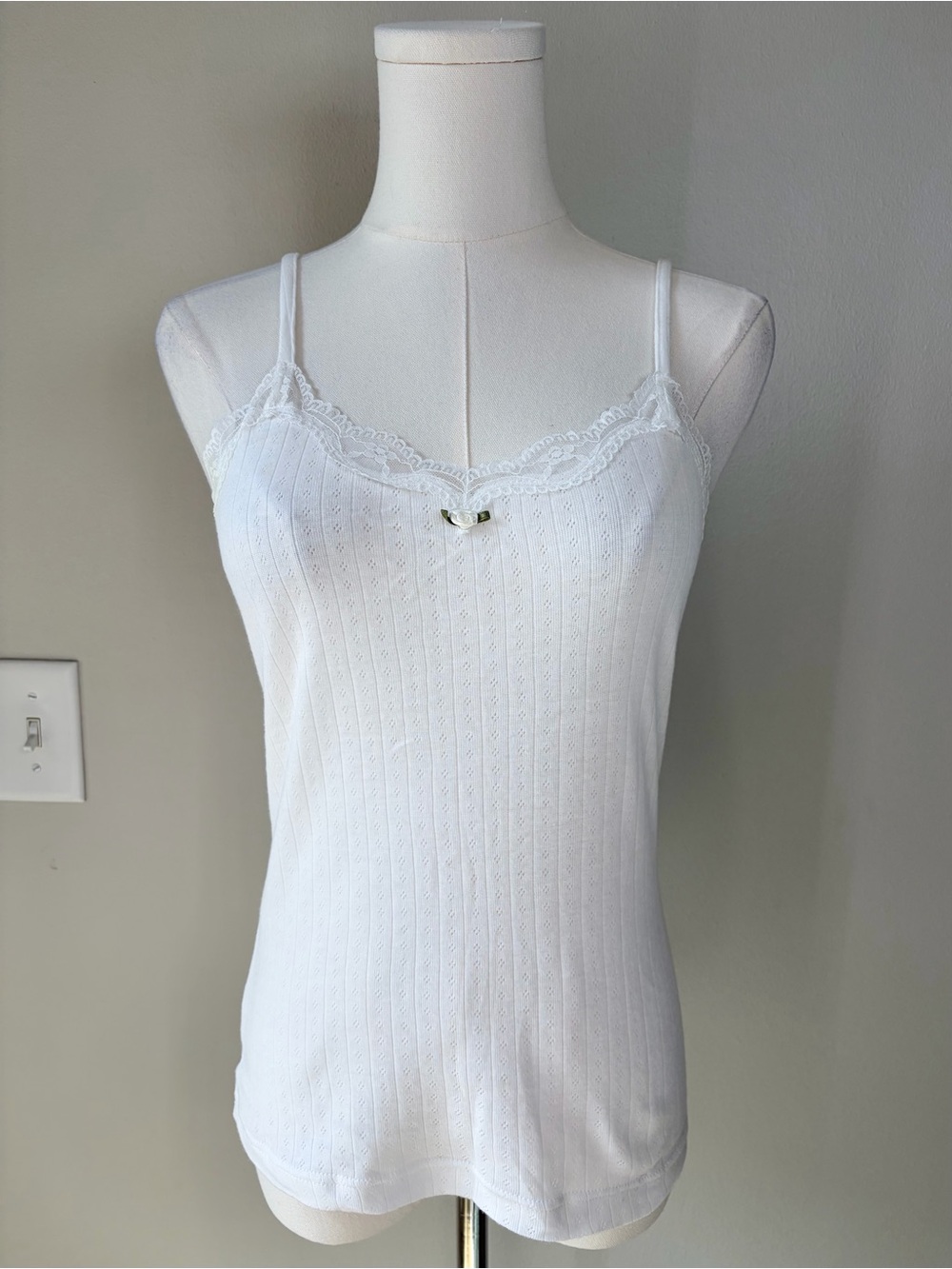 Deadstock Vintage Meant to Be Seen White Lace Pointelle Knit Camisole Tank Top